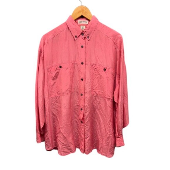 Express Compagnie 100% Silk Shirt Womens Size M Pink Oversized Button Up Vintage - Picture 1 of 9